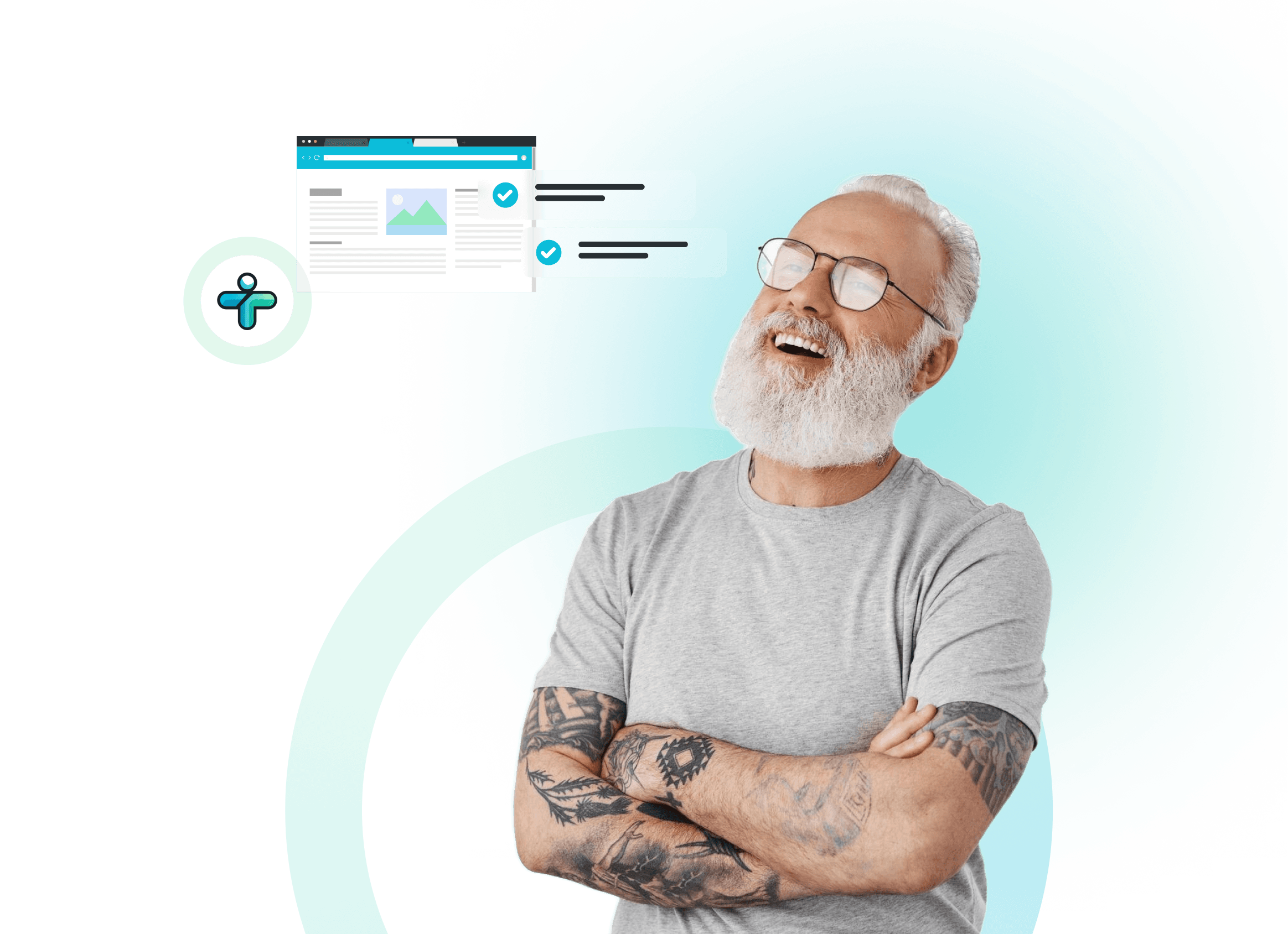 Glückliche Person arbeitet an barrierefreier Website im Büro